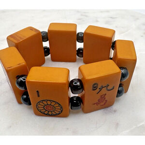 Vintage Butterscotch Bakelite MAH JONG Tile Stretch Bracelet Black Spacer Beads